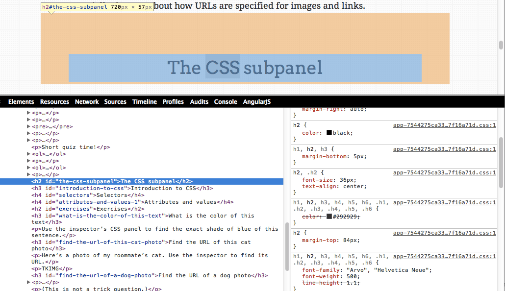 CSS subpanel when inspecting the headline