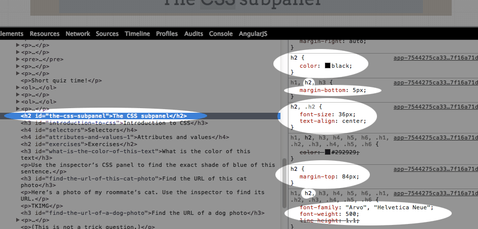 CSS subpanel when inspecting the headline